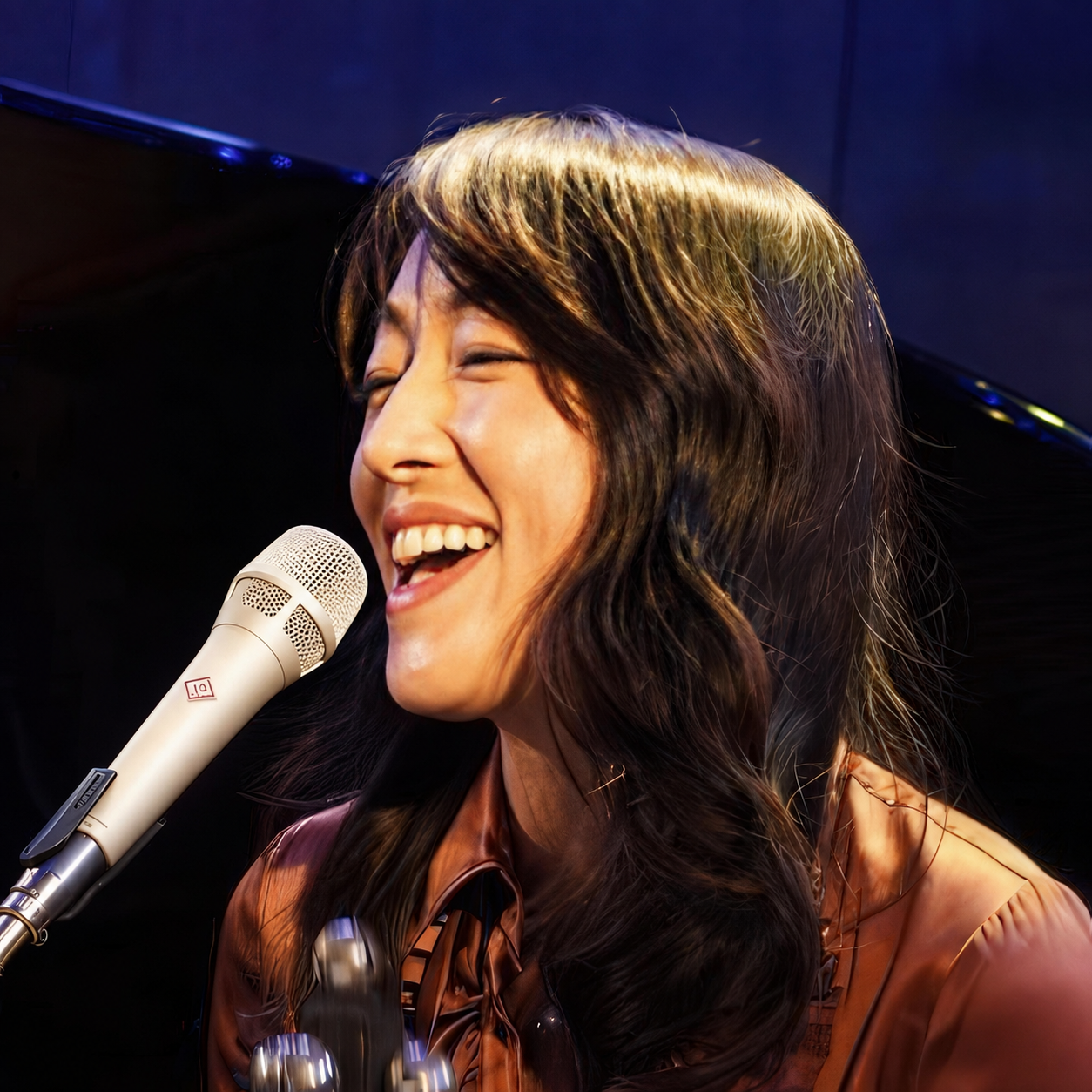 Cindy Asada singing into a microphone on stage